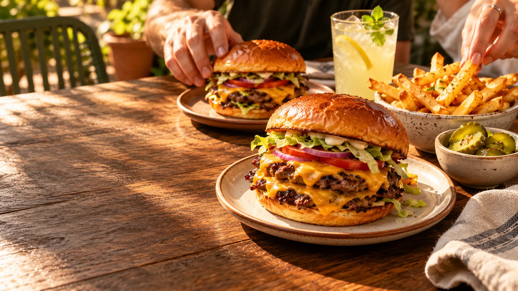 Hamburguesas para compartir en una mesa al sol. Imagen generada para esta demo.